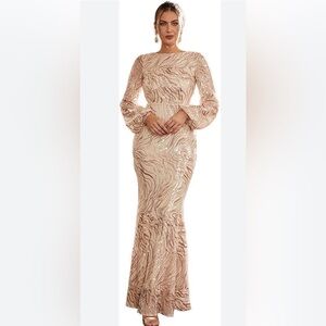 Blush Sequin prom Maxi Dress with Long Sleeves